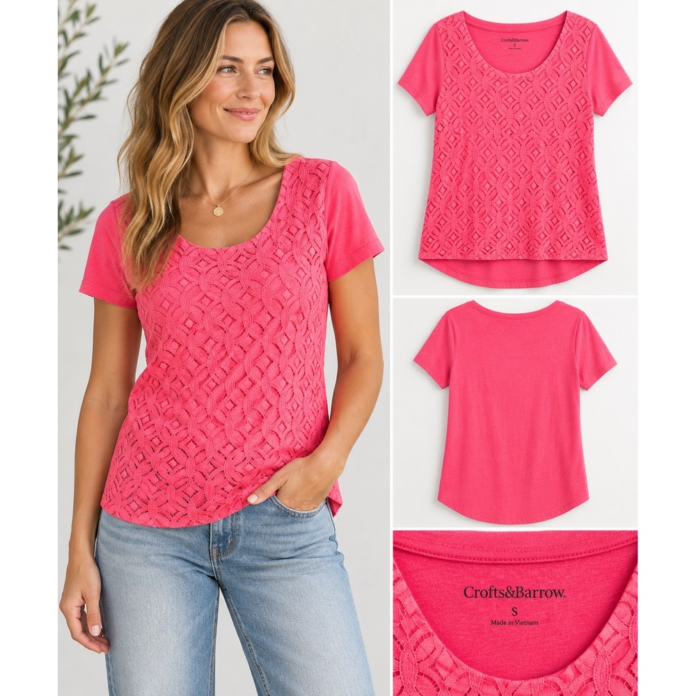 Croft & Barrow Womens Lace Front T-Shirt Cotton Blend Pink Short Sleeve Scoop S